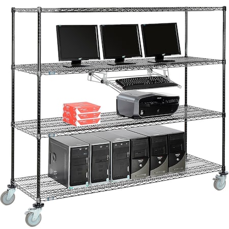 Nexel 4-Shelf Mobile Wire Computer LAN Workstation w/ Keyboard Tray, 72inW x 24inD x 69inH, Black 250198BK